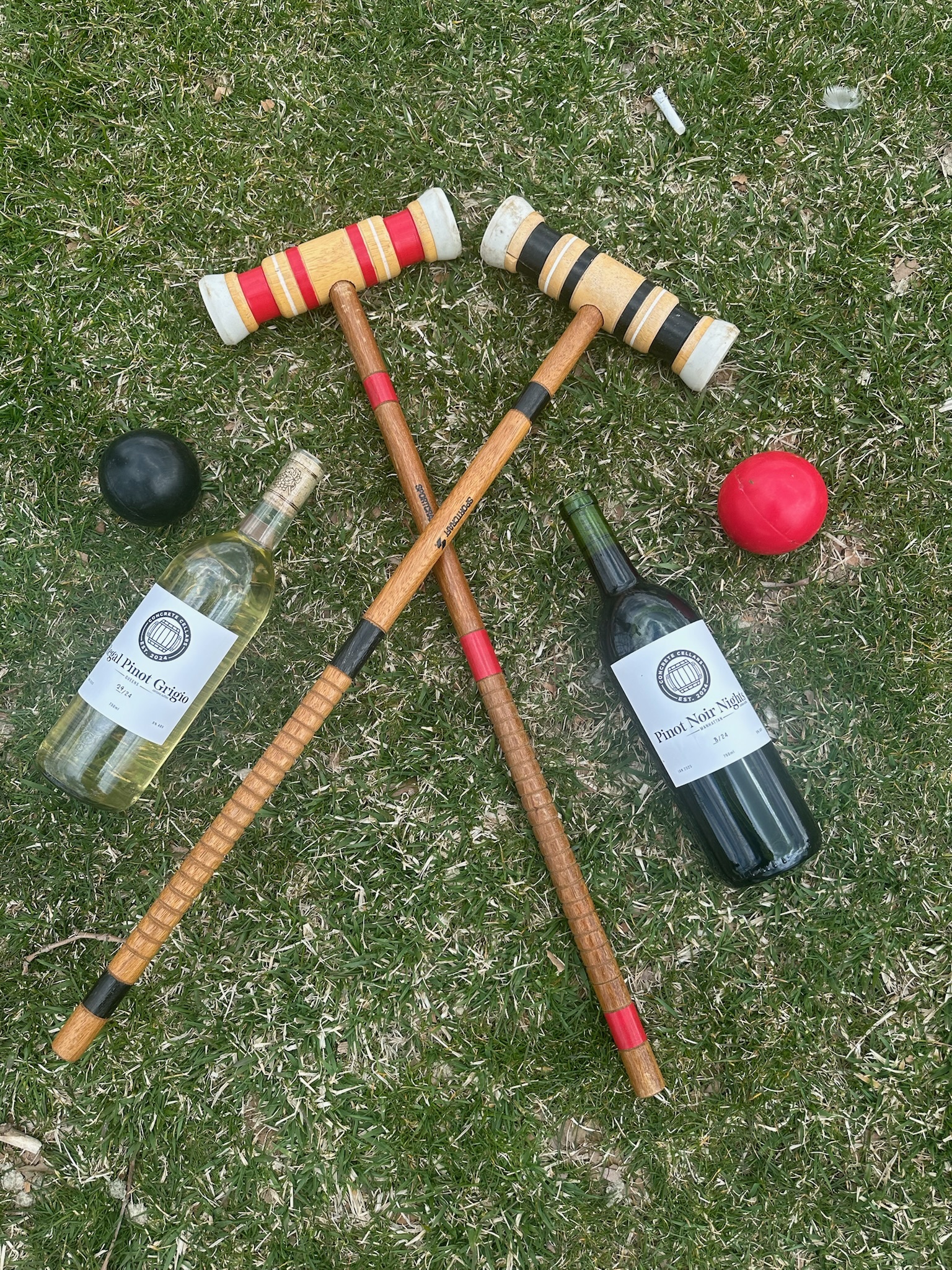 Pinot Grigio and Ruby Merlot with croquet equipment